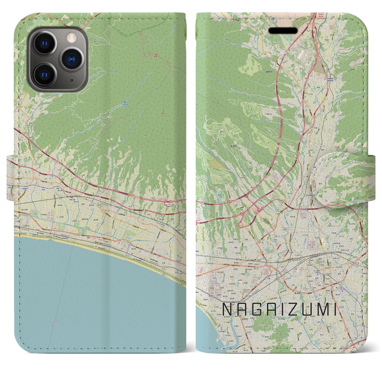 【長泉】地図柄iPhoneケース（手帳両面タイプ・ナチュラル）iPhone 11 Pro Max 用
