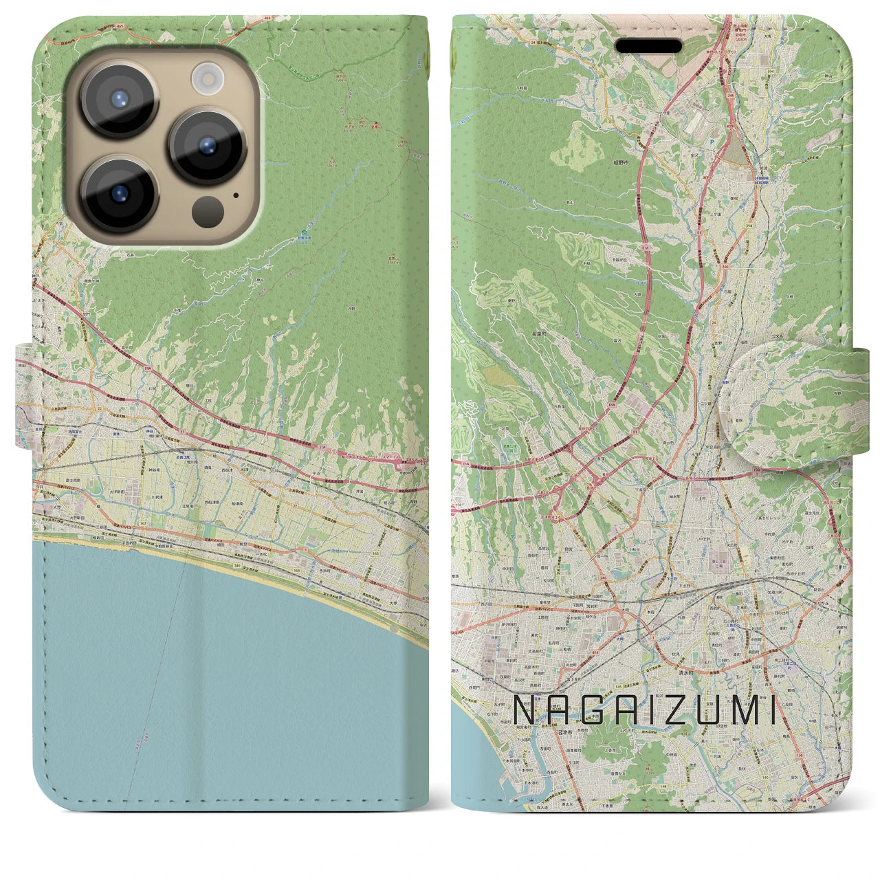 【長泉】地図柄iPhoneケース（手帳両面タイプ・ナチュラル）iPhone 14 Pro Max 用
