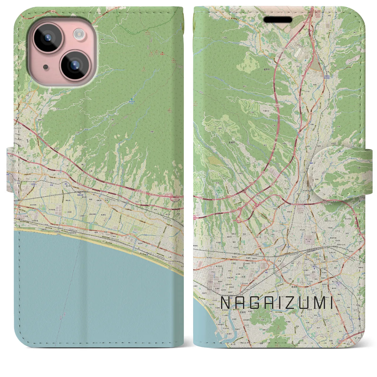 【長泉】地図柄iPhoneケース（手帳両面タイプ・ナチュラル）iPhone 15 Plus 用