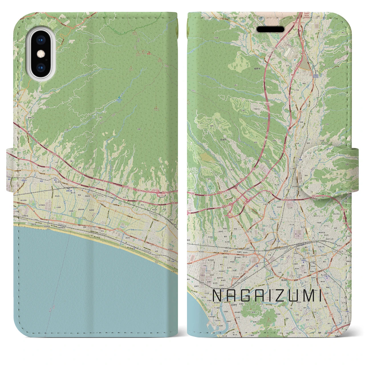 【長泉】地図柄iPhoneケース（手帳両面タイプ・ナチュラル）iPhone XS Max 用