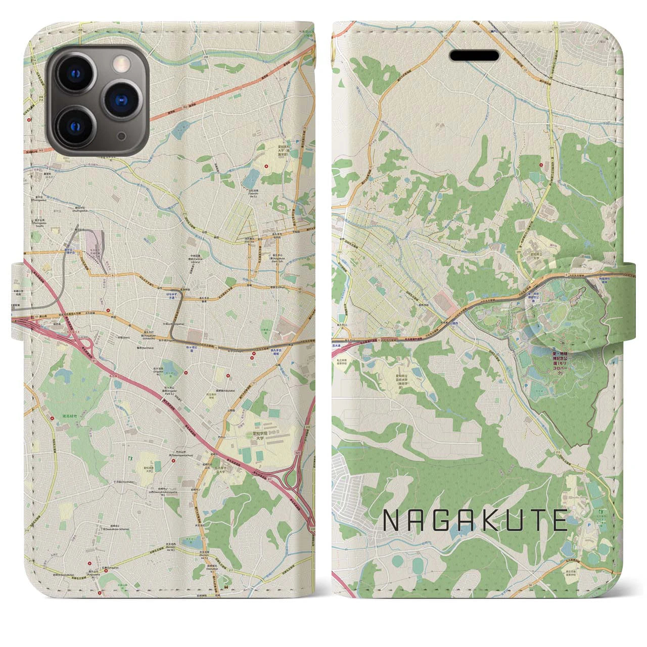 【長久手】地図柄iPhoneケース（手帳両面タイプ・ナチュラル）iPhone 11 Pro Max 用