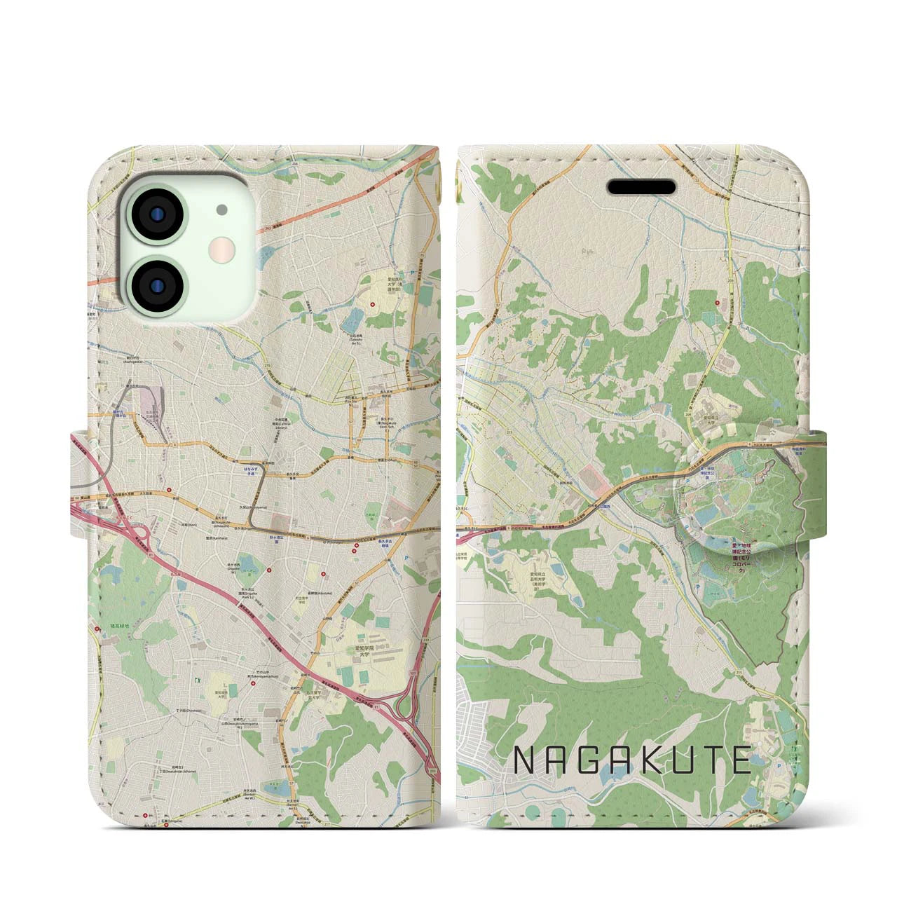 【長久手】地図柄iPhoneケース（手帳両面タイプ・ナチュラル）iPhone 12 mini 用