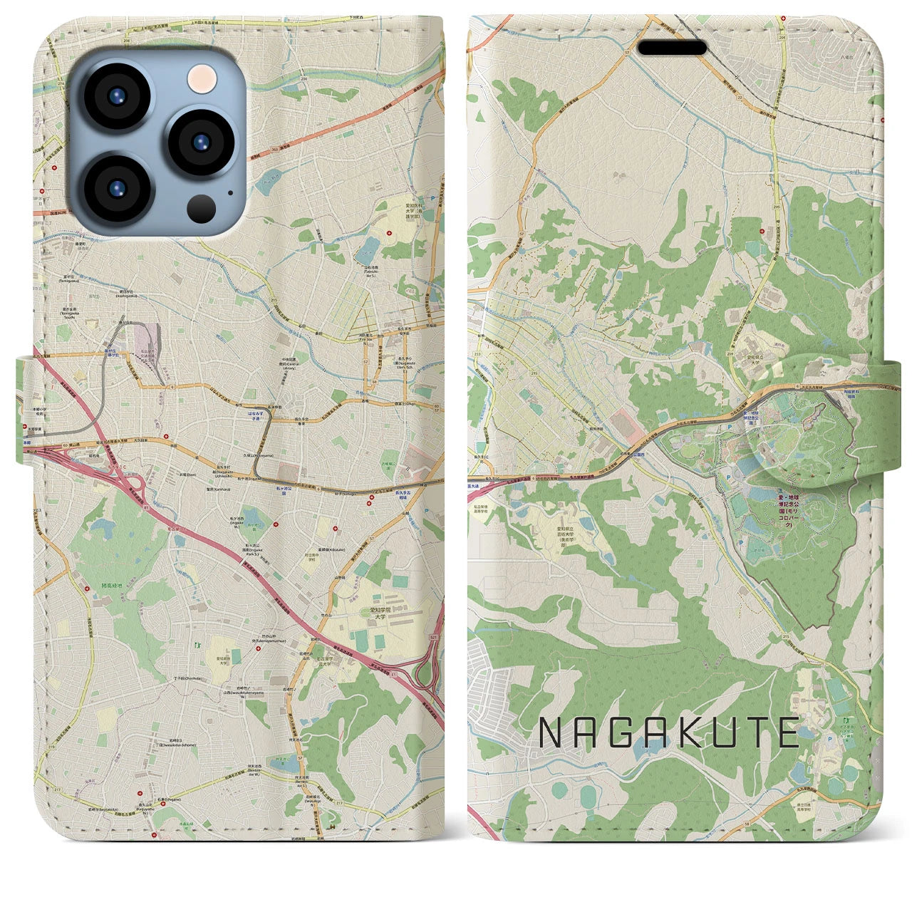 【長久手】地図柄iPhoneケース（手帳両面タイプ・ナチュラル）iPhone 13 Pro Max 用