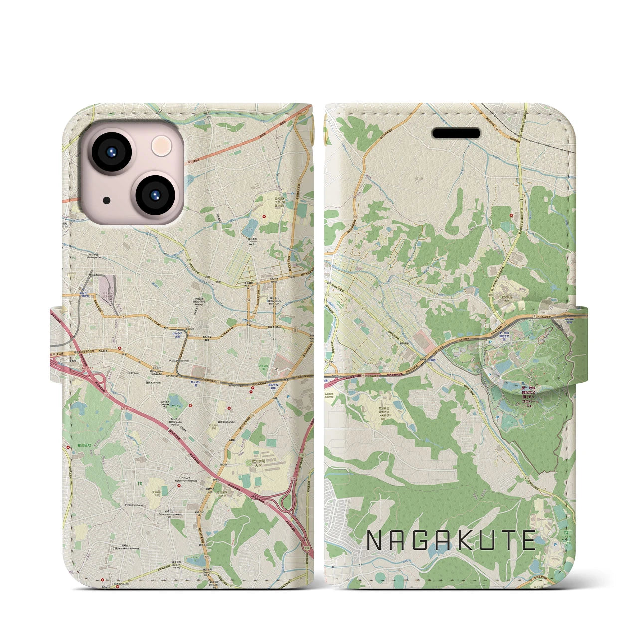 【長久手】地図柄iPhoneケース（手帳両面タイプ・ナチュラル）iPhone 13 mini 用