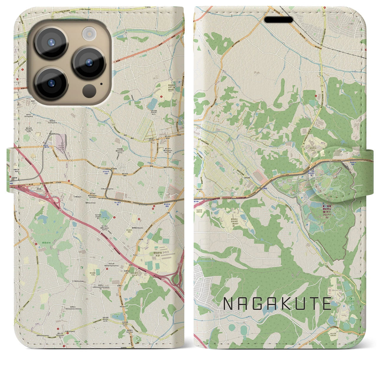 【長久手】地図柄iPhoneケース（手帳両面タイプ・ナチュラル）iPhone 14 Pro Max 用