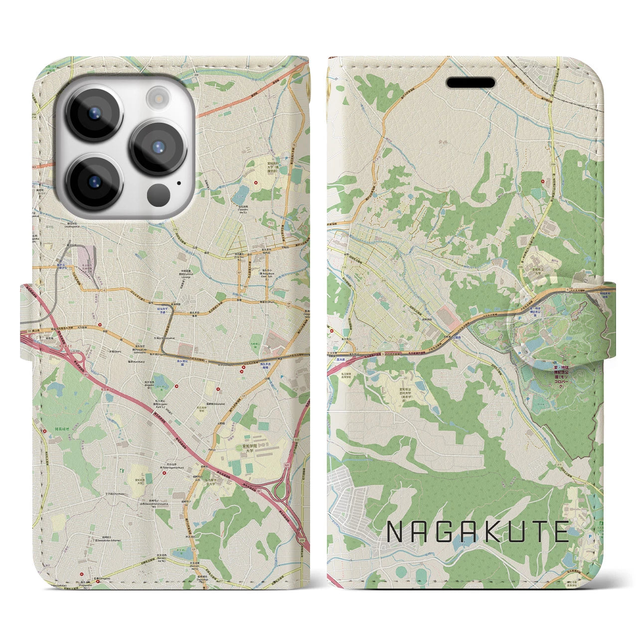 【長久手】地図柄iPhoneケース（手帳両面タイプ・ナチュラル）iPhone 14 Pro 用