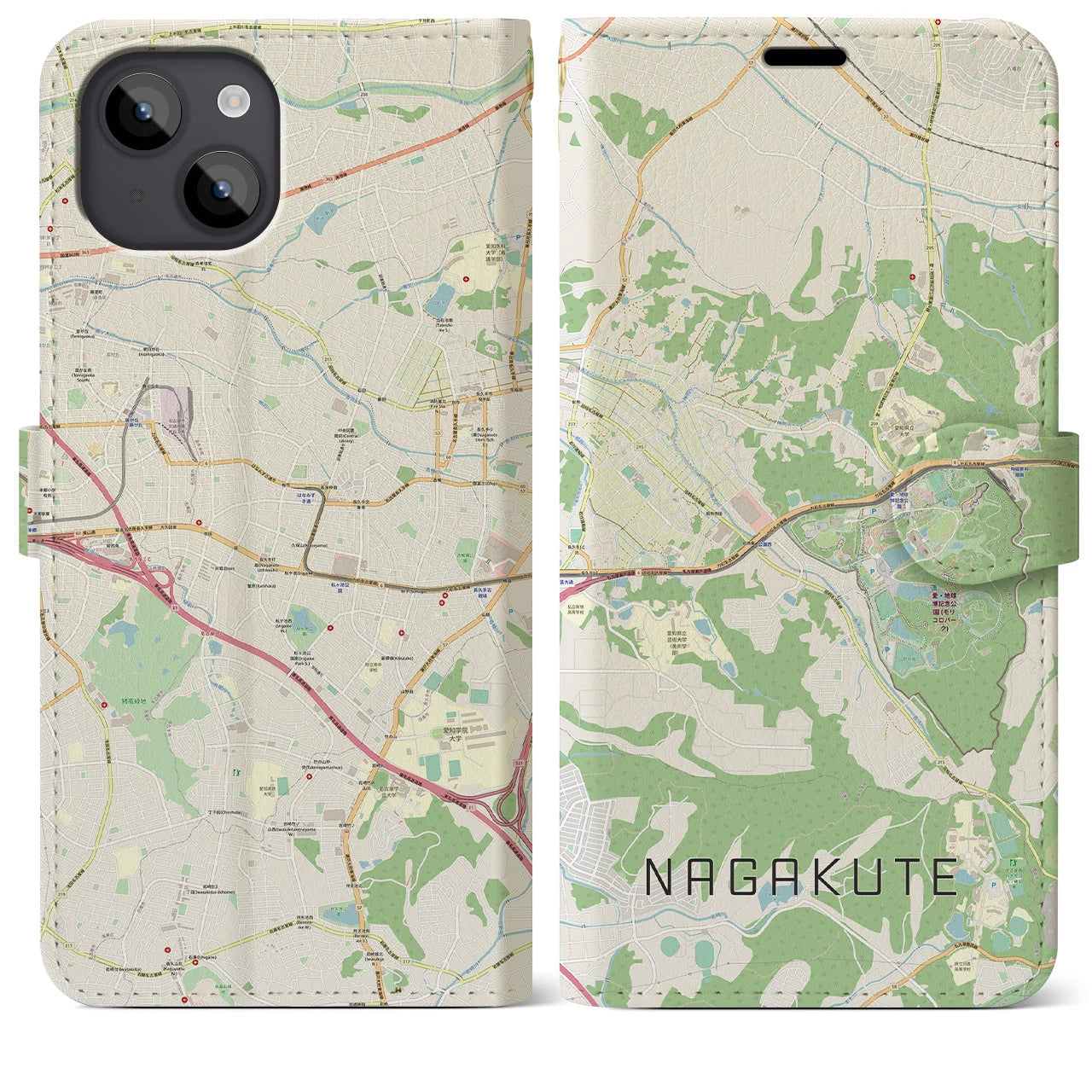 【長久手】地図柄iPhoneケース（手帳両面タイプ・ナチュラル）iPhone 14 Plus 用