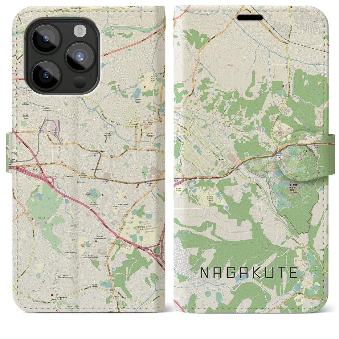 【長久手】地図柄iPhoneケース（手帳両面タイプ・ナチュラル）iPhone 15 Pro Max 用