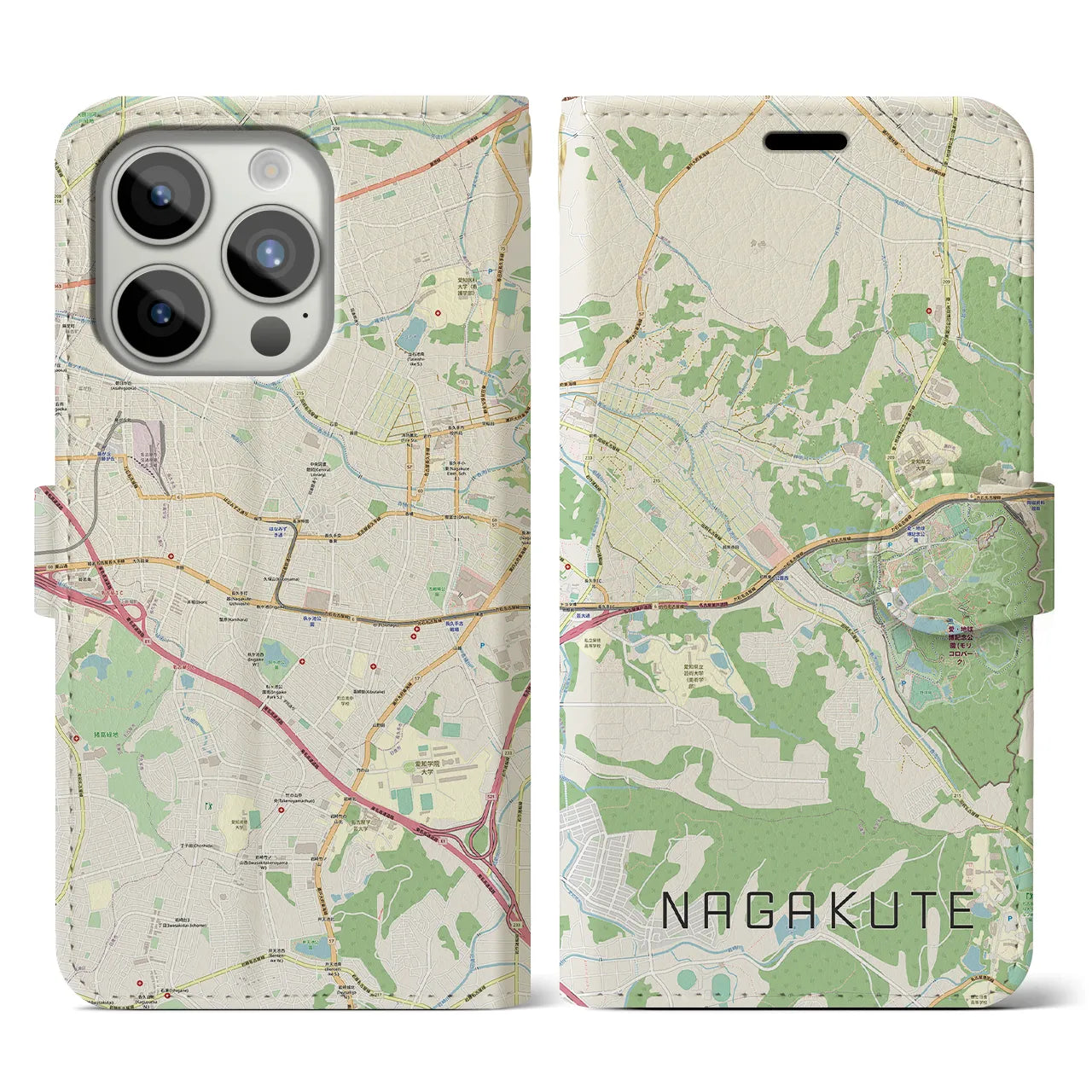 【長久手】地図柄iPhoneケース（手帳両面タイプ・ナチュラル）iPhone 15 Pro 用