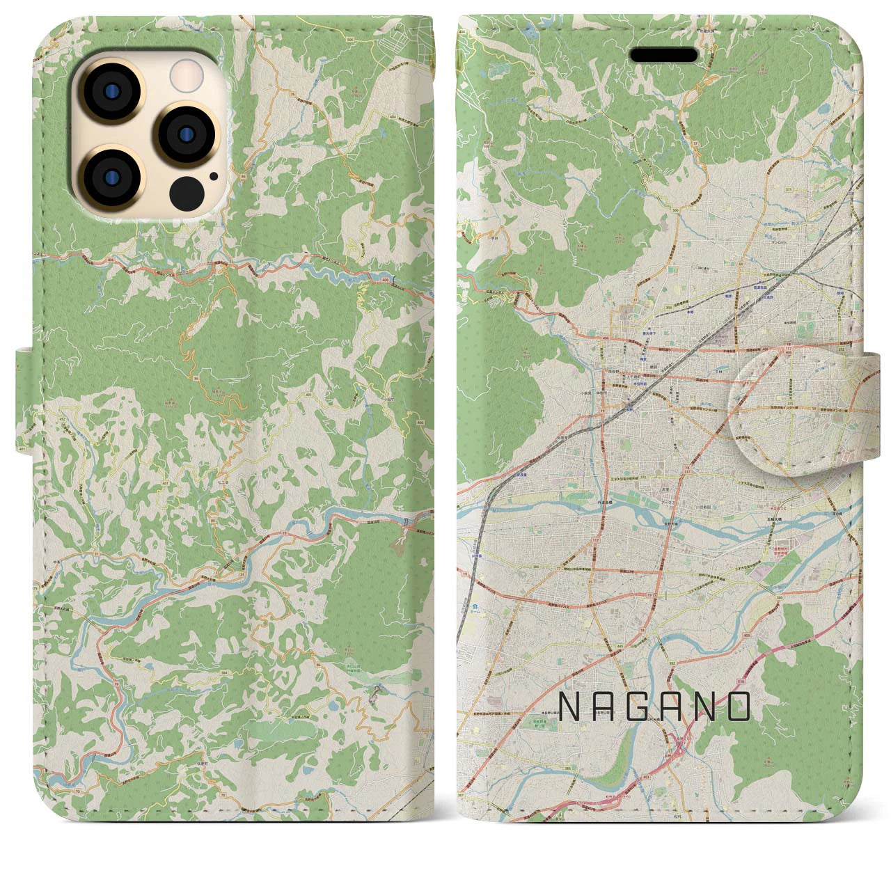 【長野】地図柄iPhoneケース（手帳両面タイプ・ナチュラル）iPhone 12 Pro Max 用