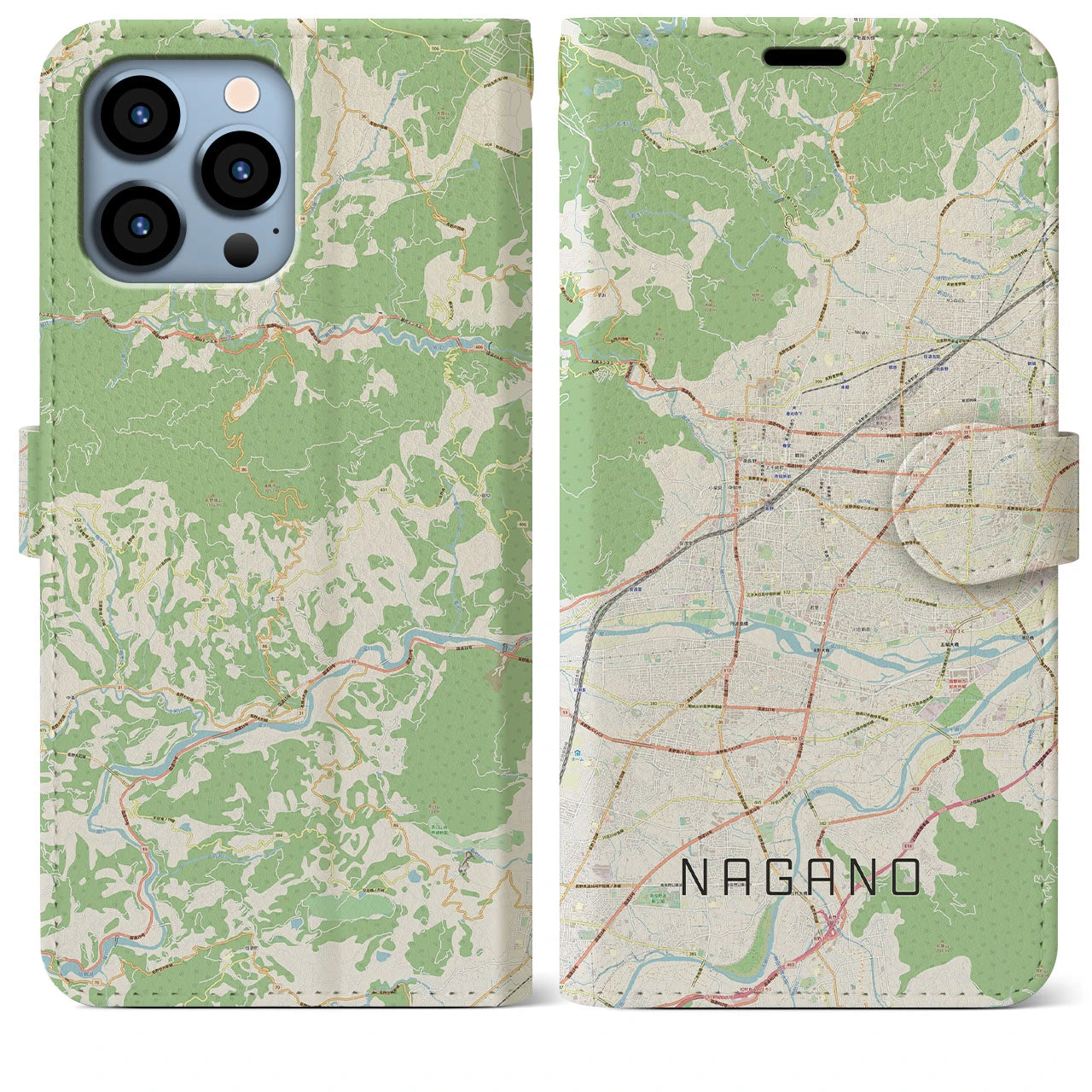 【長野】地図柄iPhoneケース（手帳両面タイプ・ナチュラル）iPhone 13 Pro Max 用