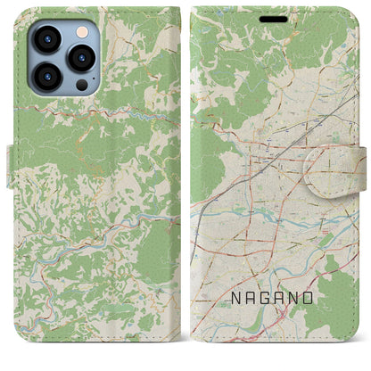 【長野（長野県）】地図柄iPhoneケース（手帳タイプ）ナチュラル・iPhone 13 Pro Max 用