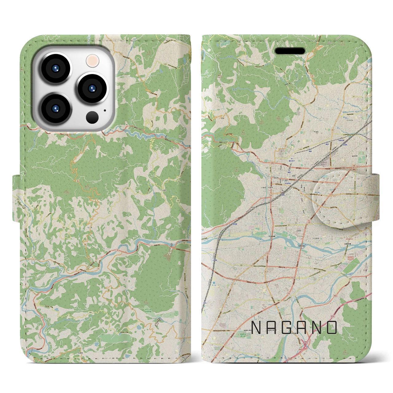【長野】地図柄iPhoneケース（手帳両面タイプ・ナチュラル）iPhone 13 Pro 用