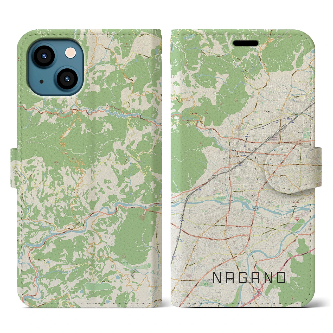【長野】地図柄iPhoneケース（手帳両面タイプ・ナチュラル）iPhone 13 用