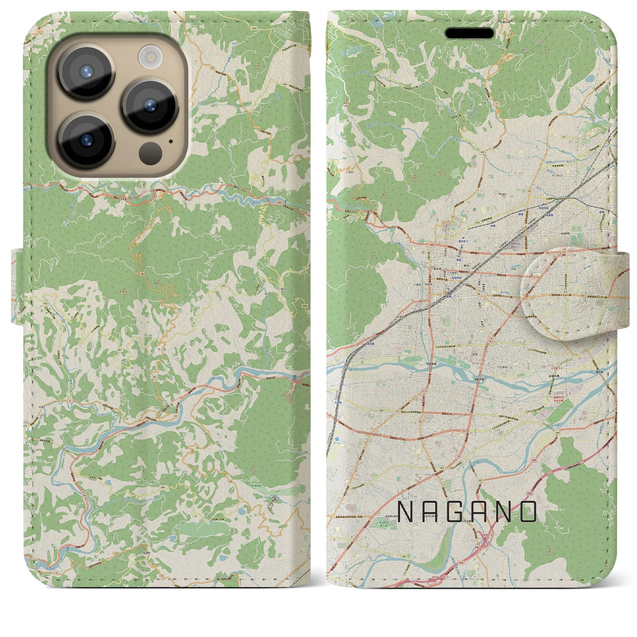 【長野】地図柄iPhoneケース（手帳両面タイプ・ナチュラル）iPhone 14 Pro Max 用