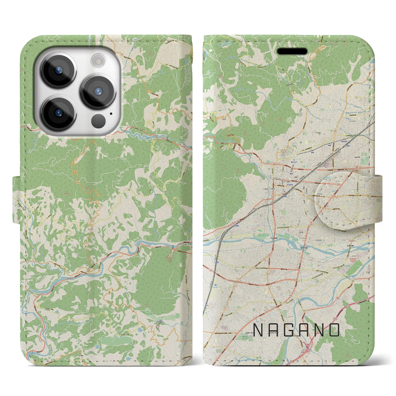 【長野】地図柄iPhoneケース（手帳両面タイプ・ナチュラル）iPhone 14 Pro 用