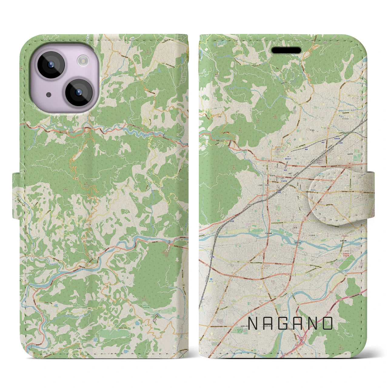 【長野】地図柄iPhoneケース（手帳両面タイプ・ナチュラル）iPhone 14 用