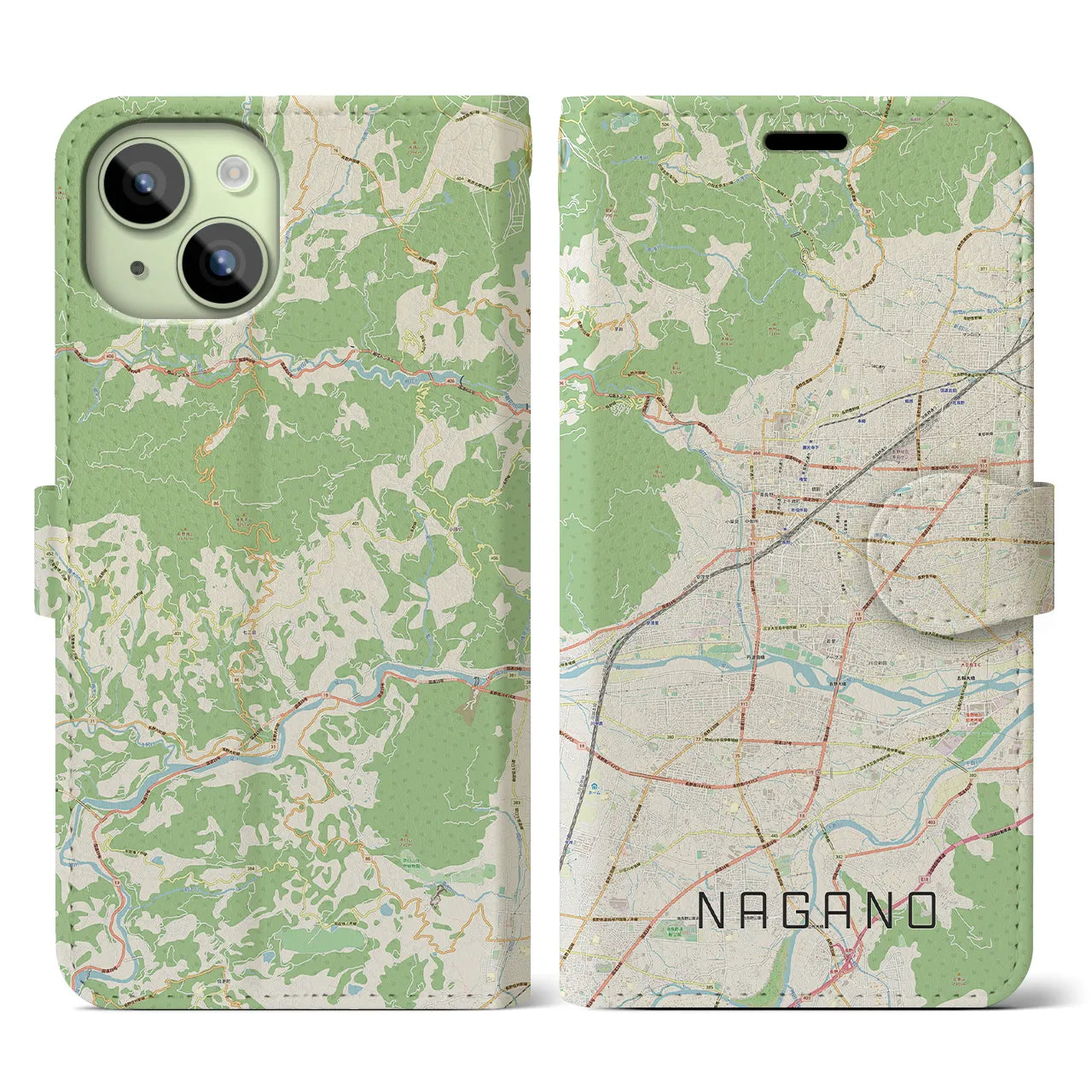 【長野】地図柄iPhoneケース（手帳両面タイプ・ナチュラル）iPhone 15 用