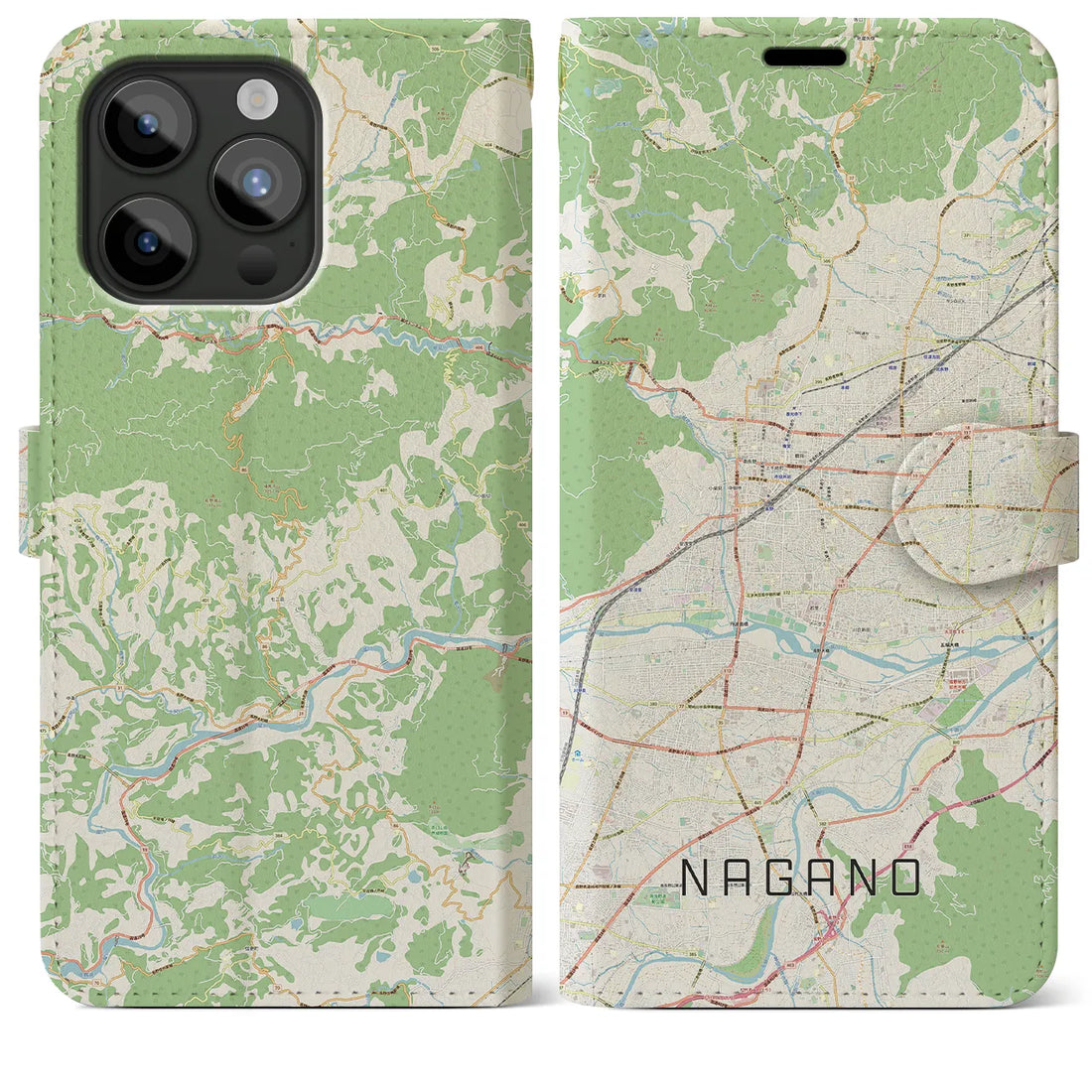 【長野】地図柄iPhoneケース（手帳両面タイプ・ナチュラル）iPhone 15 Pro Max 用