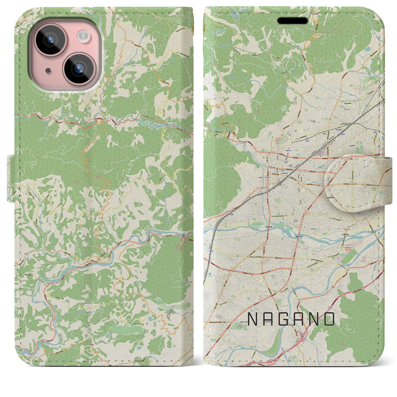 【長野】地図柄iPhoneケース（手帳両面タイプ・ナチュラル）iPhone 15 Plus 用