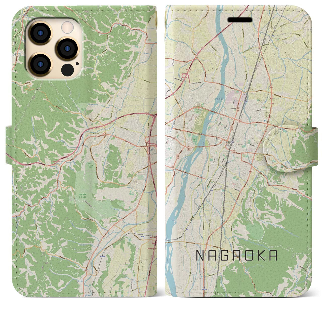 【長岡】地図柄iPhoneケース（手帳両面タイプ・ナチュラル）iPhone 12 Pro Max 用