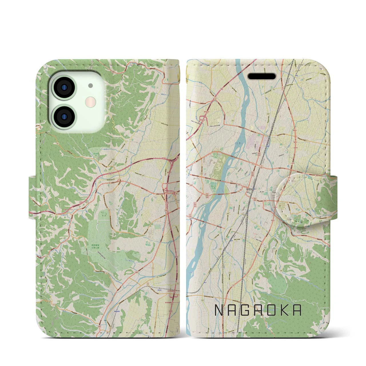 【長岡】地図柄iPhoneケース（手帳両面タイプ・ナチュラル）iPhone 12 mini 用