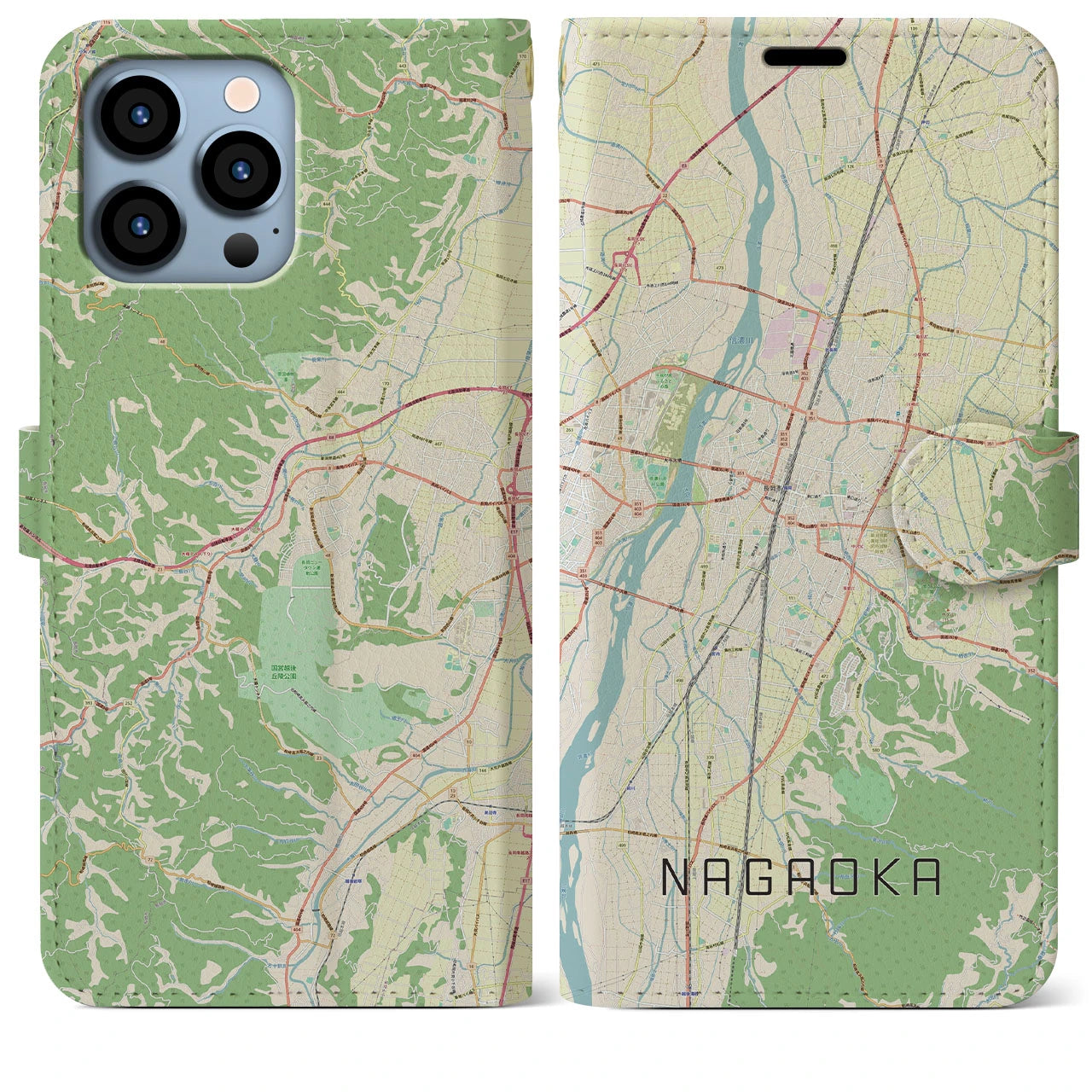 【長岡】地図柄iPhoneケース（手帳両面タイプ・ナチュラル）iPhone 13 Pro Max 用