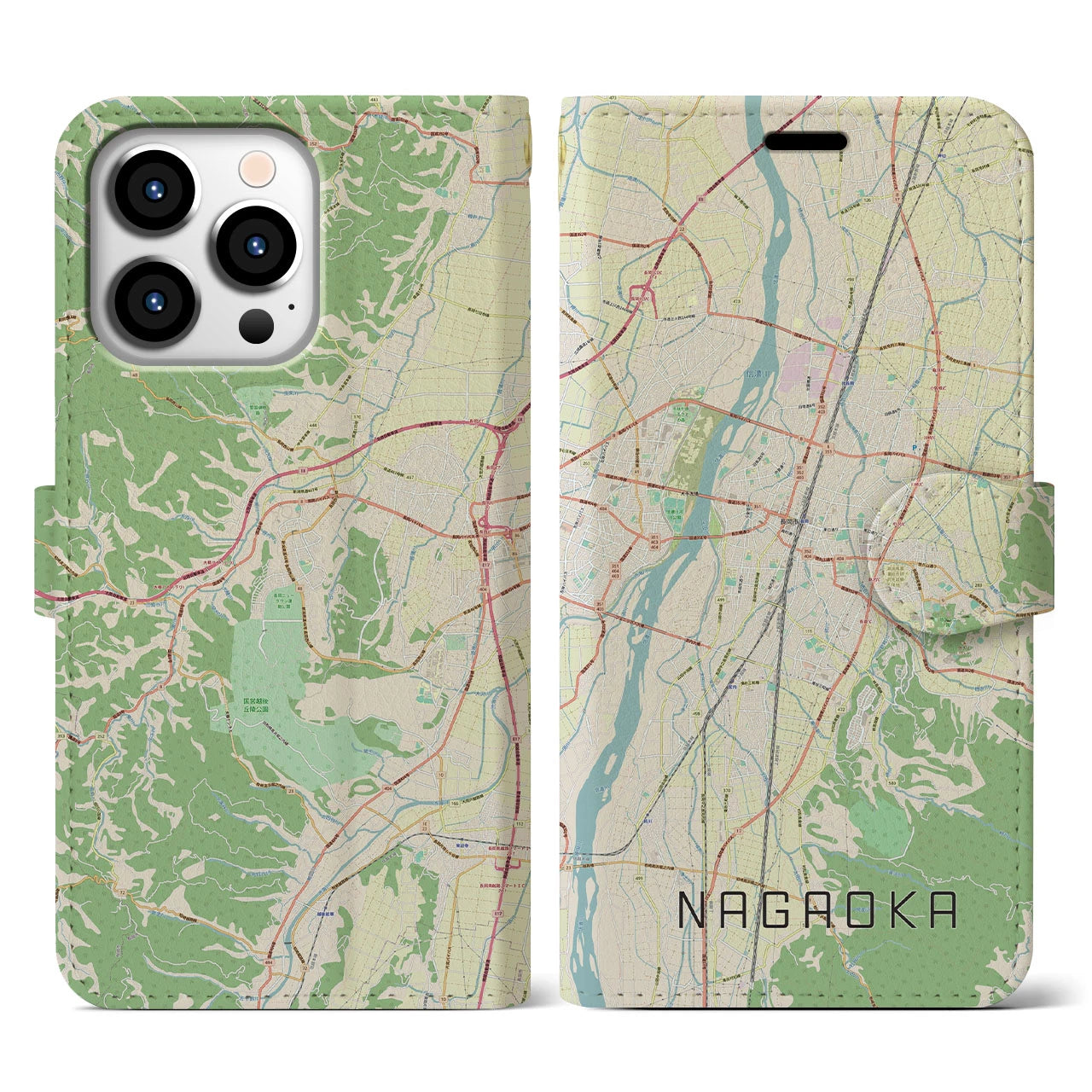 【長岡】地図柄iPhoneケース（手帳両面タイプ・ナチュラル）iPhone 13 Pro 用