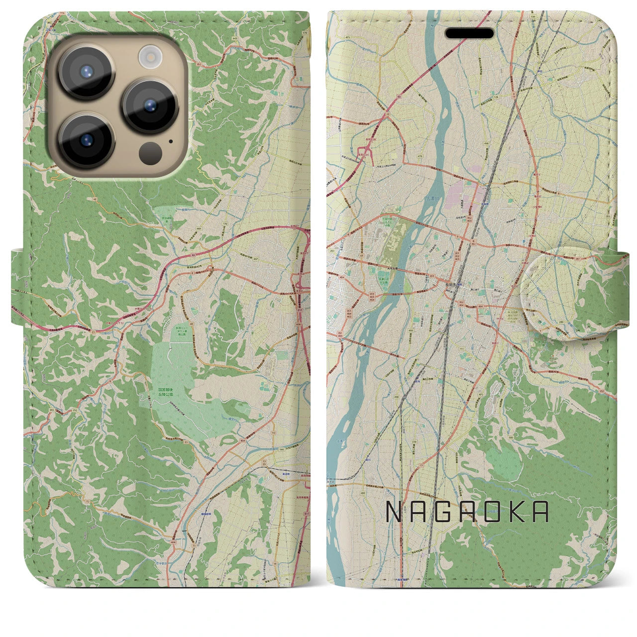 【長岡】地図柄iPhoneケース（手帳両面タイプ・ナチュラル）iPhone 14 Pro Max 用