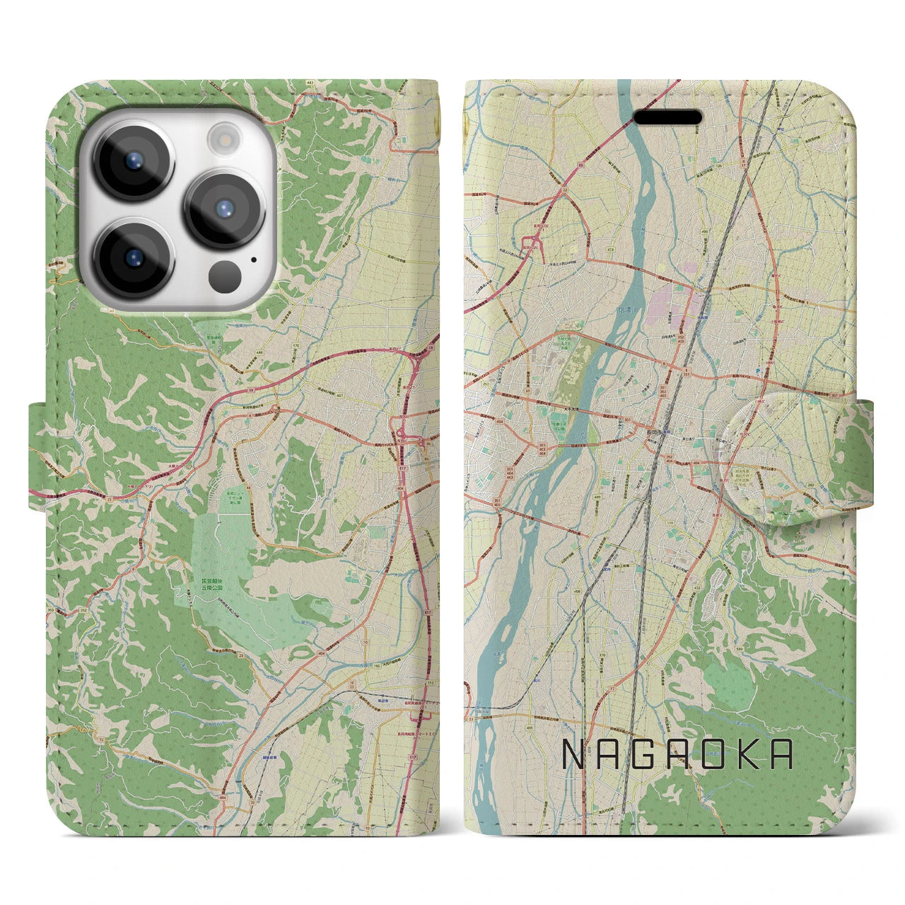【長岡】地図柄iPhoneケース（手帳両面タイプ・ナチュラル）iPhone 14 Pro 用