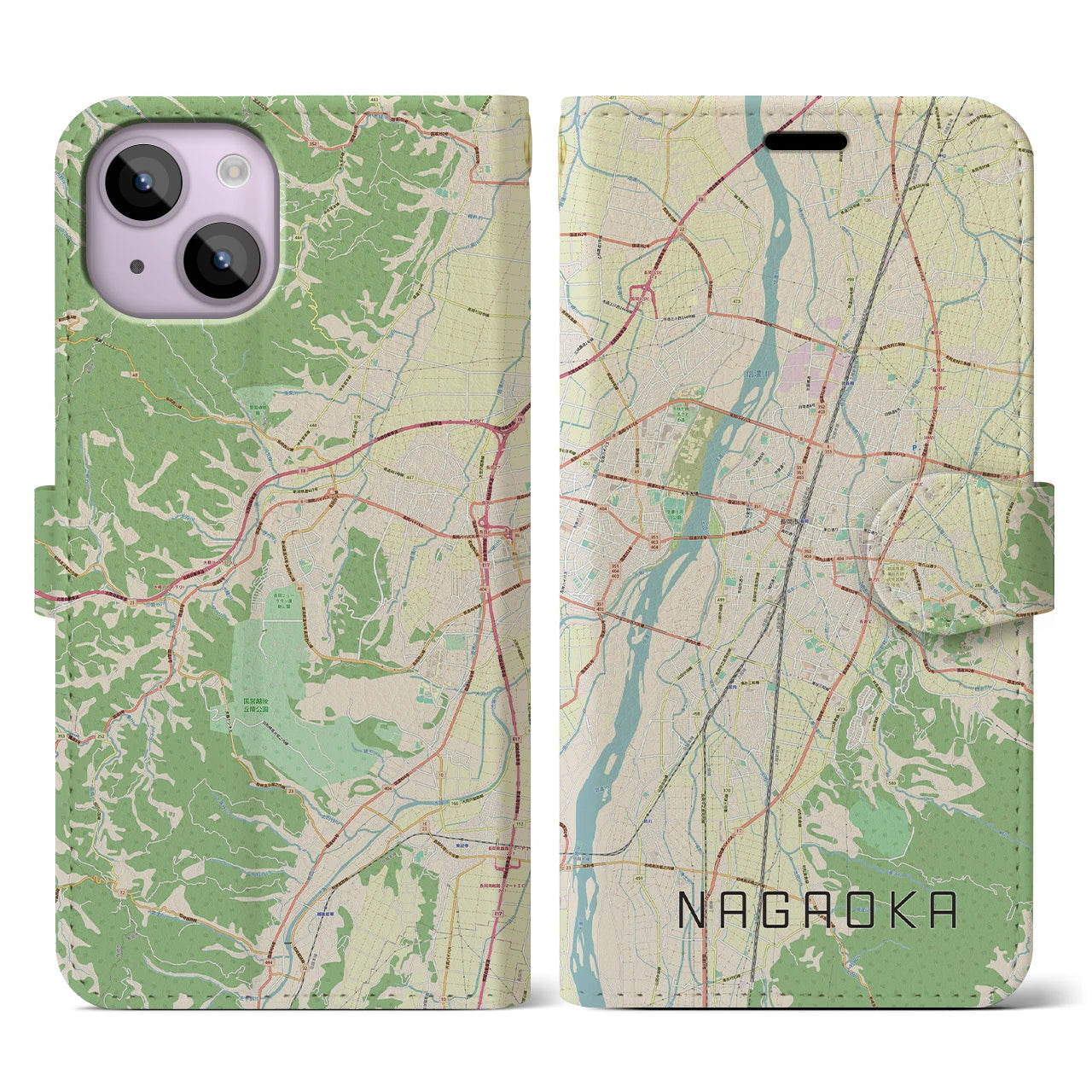 【長岡】地図柄iPhoneケース（手帳両面タイプ・ナチュラル）iPhone 14 用