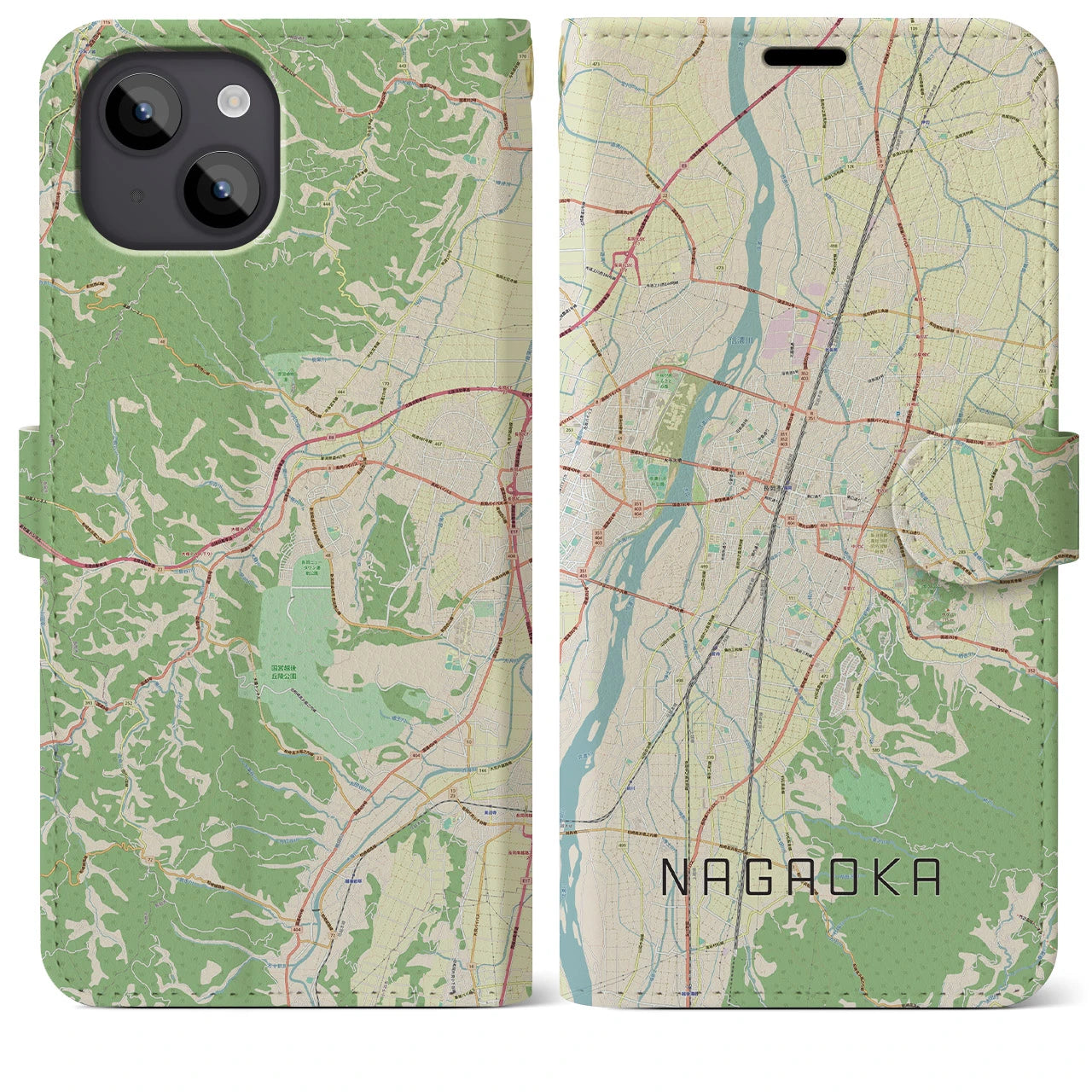 【長岡】地図柄iPhoneケース（手帳両面タイプ・ナチュラル）iPhone 14 Plus 用