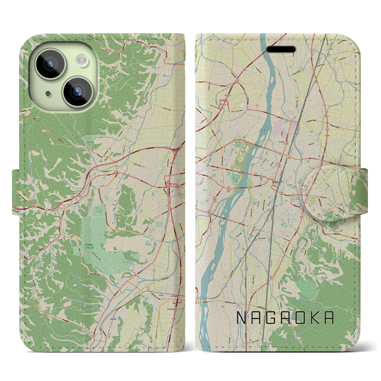 【長岡】地図柄iPhoneケース（手帳両面タイプ・ナチュラル）iPhone 15 用