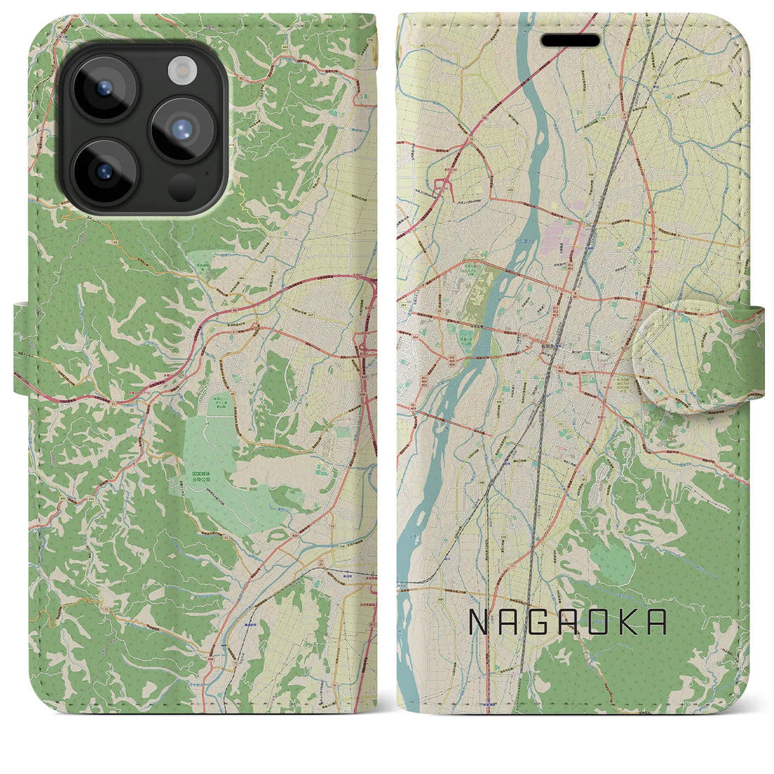 【長岡】地図柄iPhoneケース（手帳両面タイプ・ナチュラル）iPhone 15 Pro Max 用