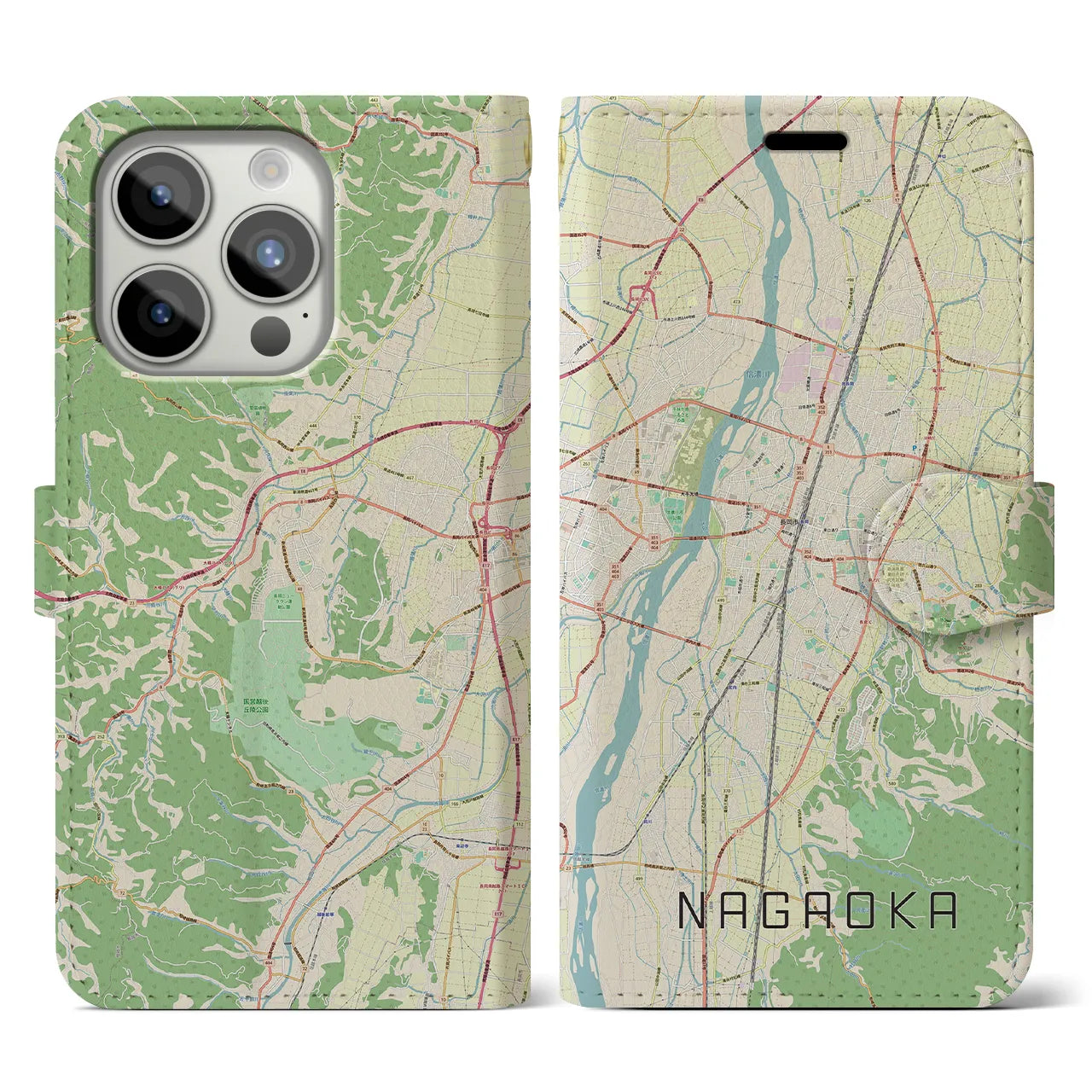 【長岡】地図柄iPhoneケース（手帳両面タイプ・ナチュラル）iPhone 15 Pro 用