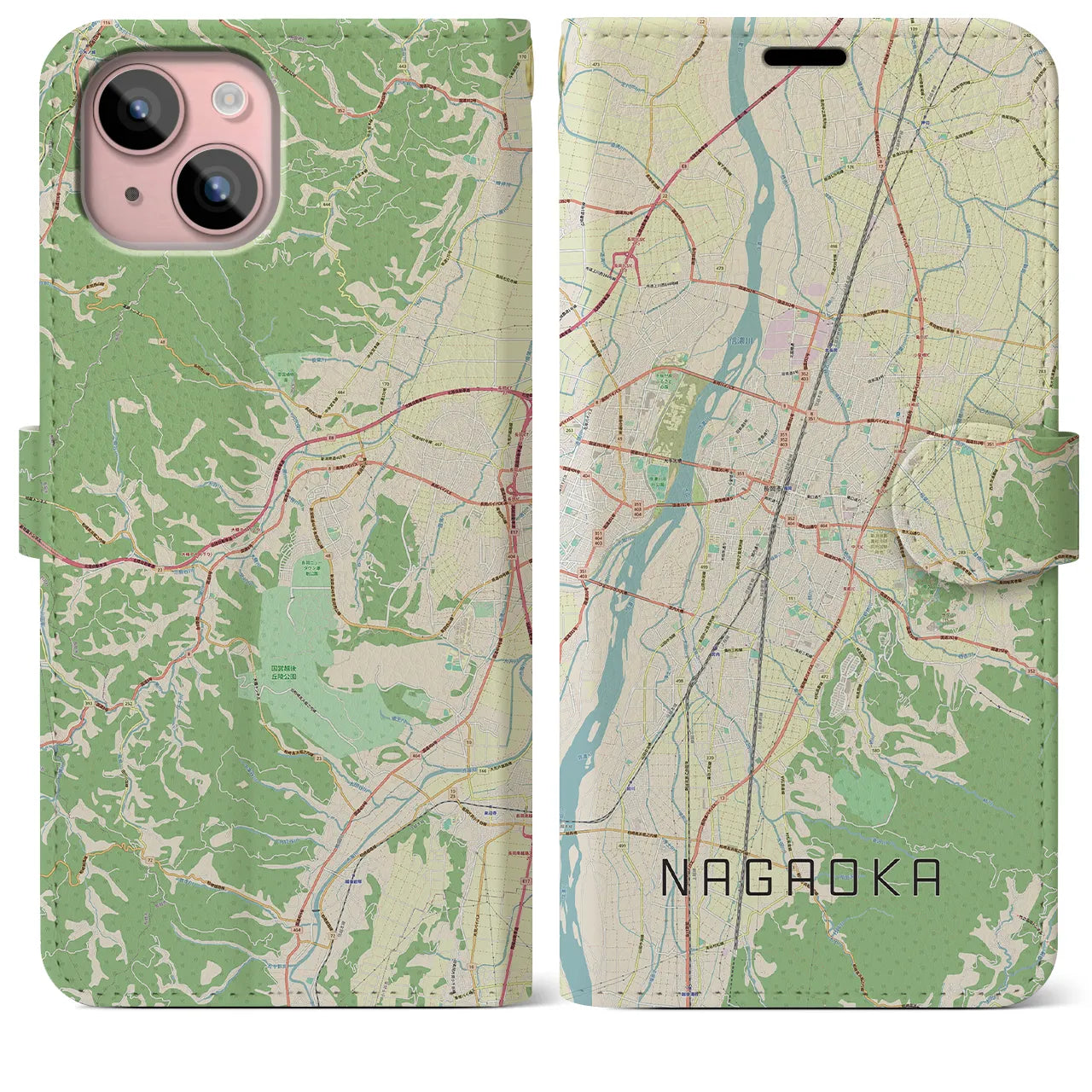 【長岡】地図柄iPhoneケース（手帳両面タイプ・ナチュラル）iPhone 15 Plus 用