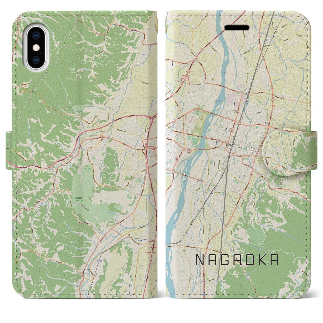 【長岡】地図柄iPhoneケース（手帳両面タイプ・ナチュラル）iPhone XS Max 用