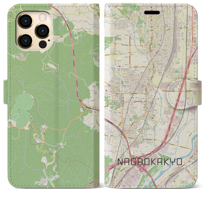 【長岡京（京都府）】地図柄iPhoneケース（手帳タイプ）ナチュラル・iPhone 12 Pro Max 用