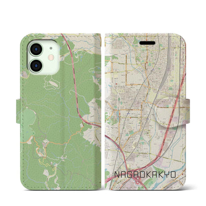 【長岡京（京都府）】地図柄iPhoneケース（手帳タイプ）ナチュラル・iPhone 12 mini 用