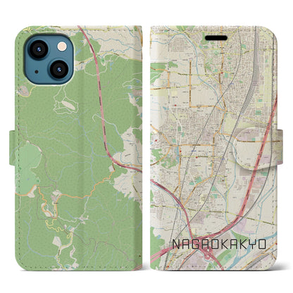 【長岡京（京都府）】地図柄iPhoneケース（手帳タイプ）ナチュラル・iPhone 13 用