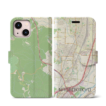 【長岡京（京都府）】地図柄iPhoneケース（手帳タイプ）ナチュラル・iPhone 13 mini 用