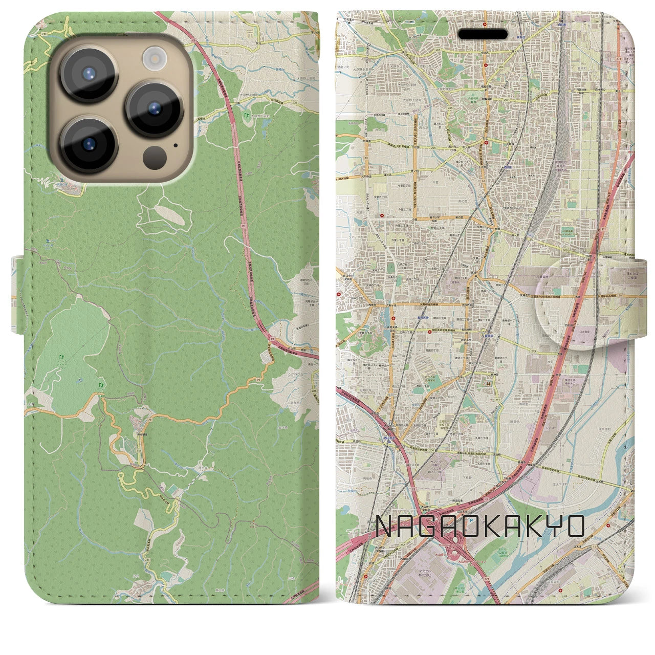 【長岡京】地図柄iPhoneケース（手帳両面タイプ・ナチュラル）iPhone 14 Pro Max 用