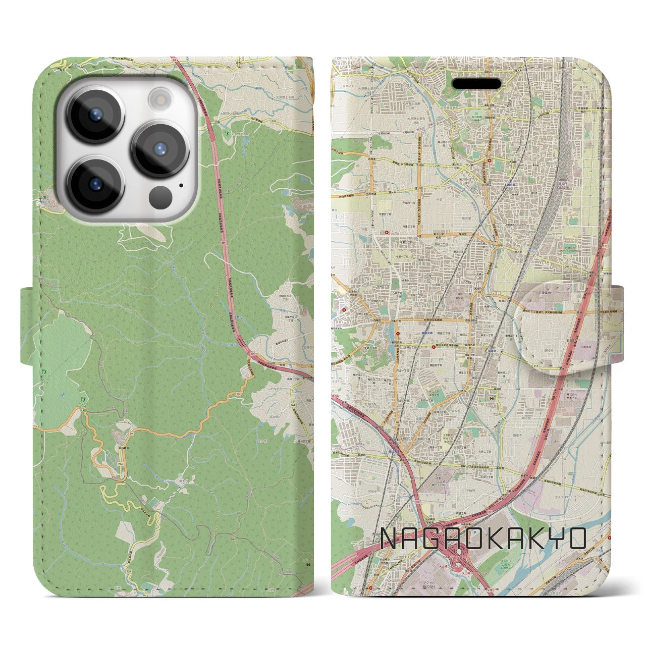 【長岡京】地図柄iPhoneケース（手帳両面タイプ・ナチュラル）iPhone 14 Pro 用