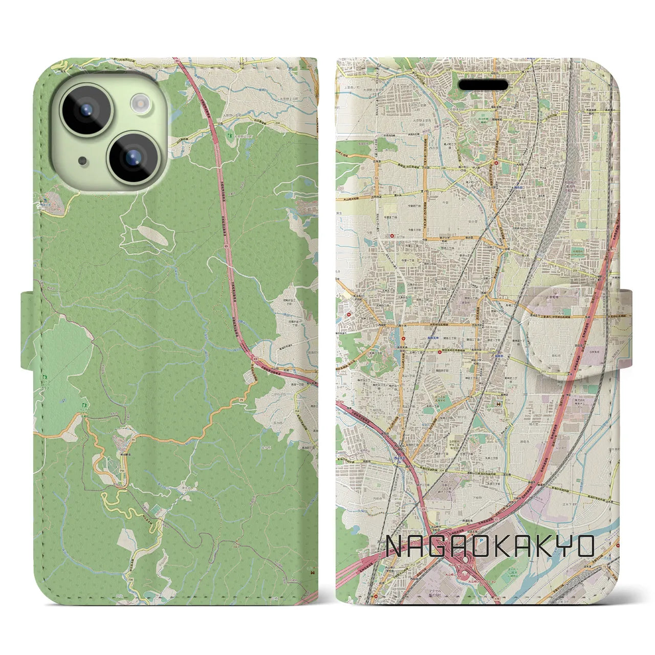 【長岡京】地図柄iPhoneケース（手帳両面タイプ・ナチュラル）iPhone 15 用