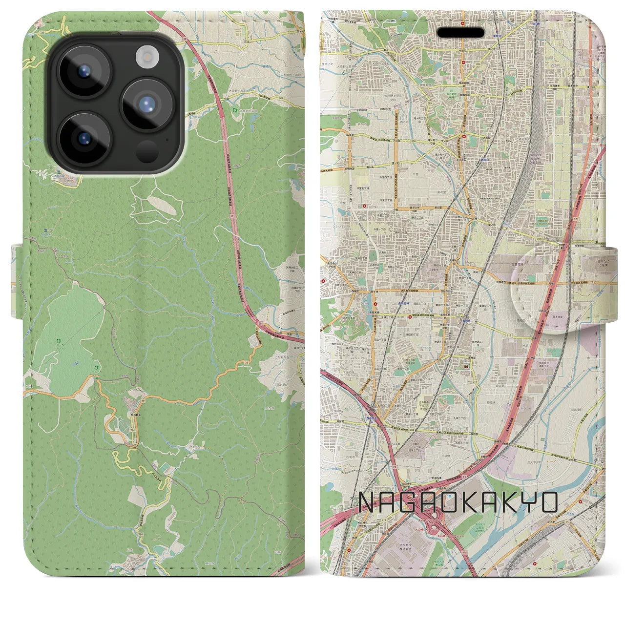 【長岡京】地図柄iPhoneケース（手帳両面タイプ・ナチュラル）iPhone 15 Pro Max 用