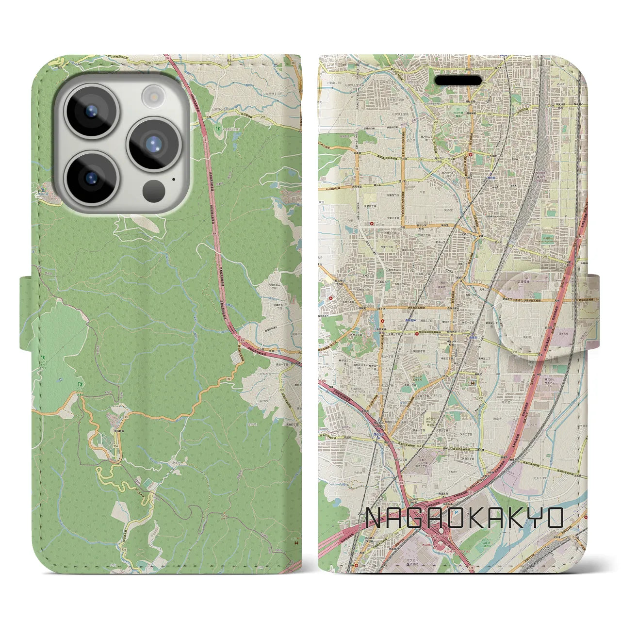 【長岡京】地図柄iPhoneケース（手帳両面タイプ・ナチュラル）iPhone 15 Pro 用