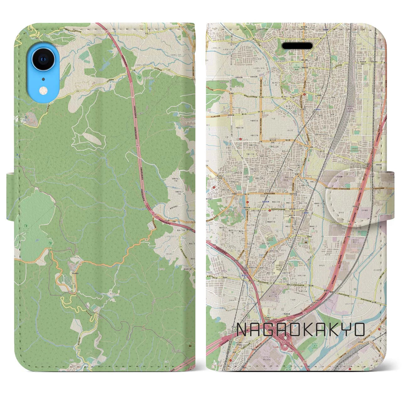 【長岡京】地図柄iPhoneケース（手帳両面タイプ・ナチュラル）iPhone XR 用