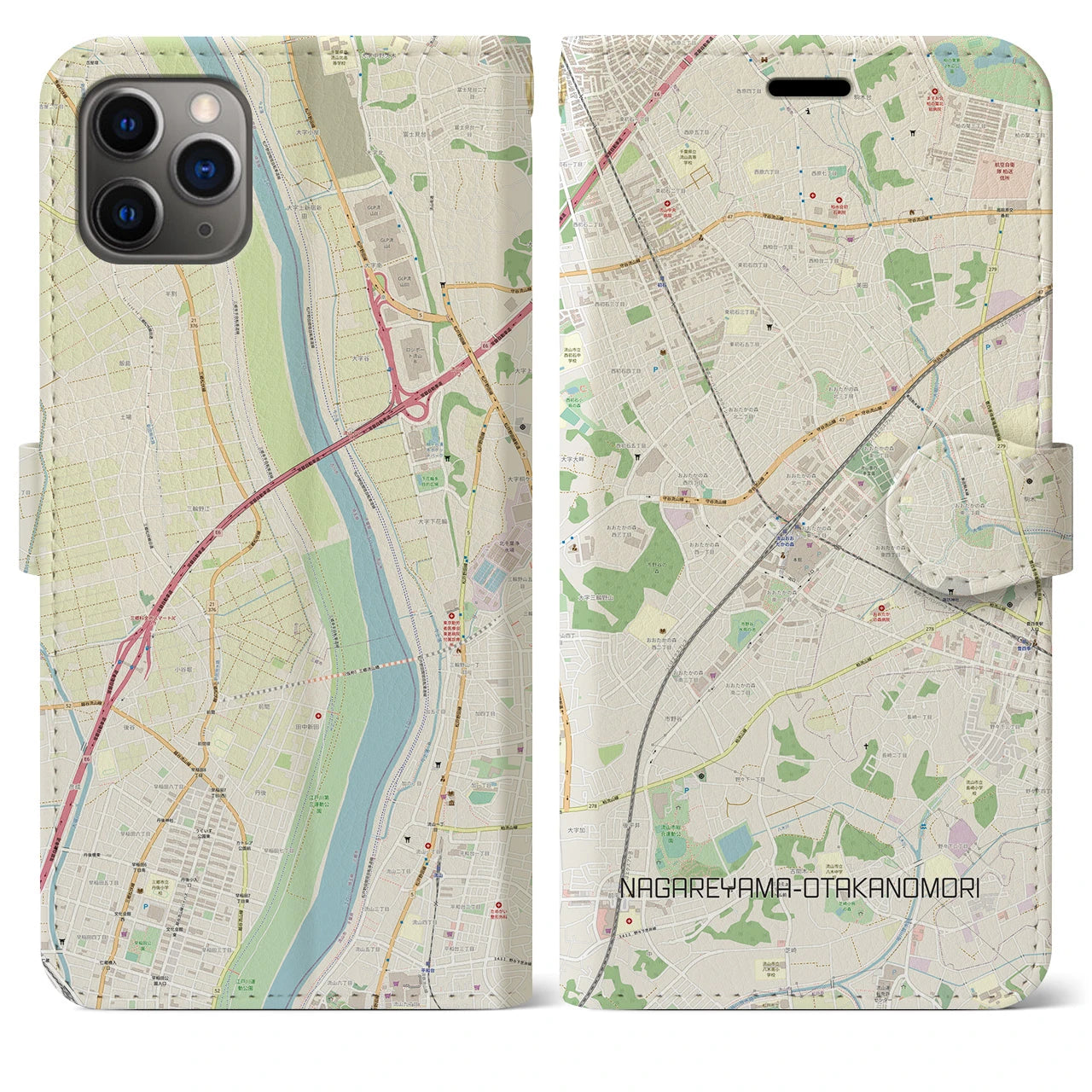 【流山おおたかの森】地図柄iPhoneケース（手帳両面タイプ・ナチュラル）iPhone 11 Pro Max 用