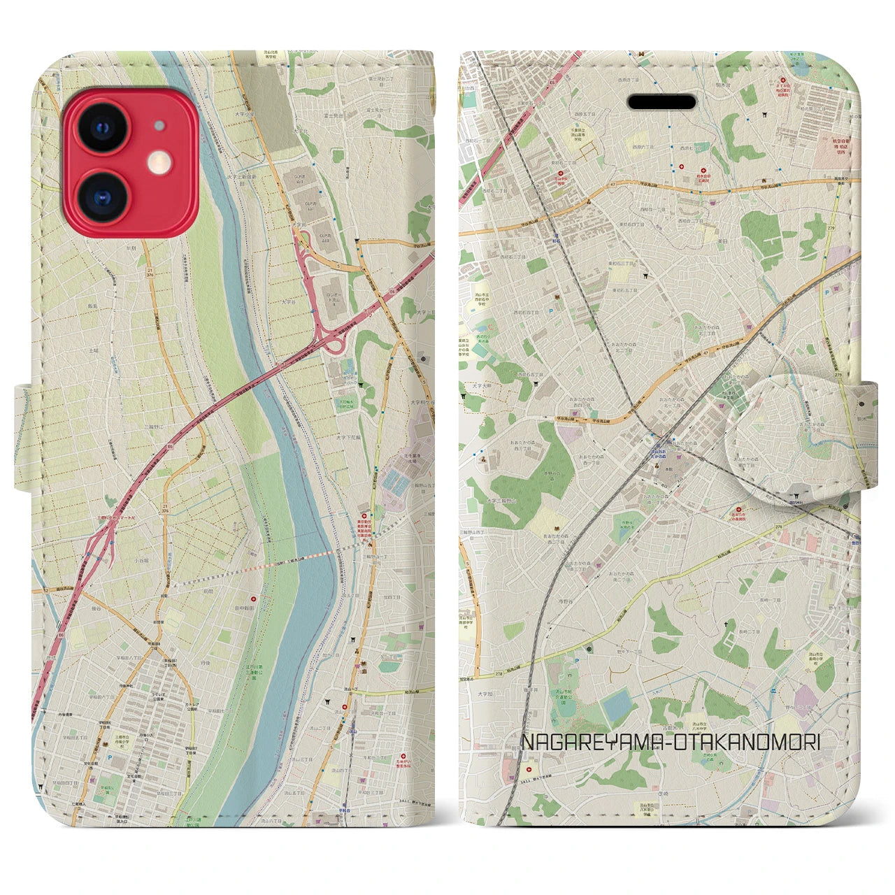 【流山おおたかの森】地図柄iPhoneケース（手帳両面タイプ・ナチュラル）iPhone 11 用