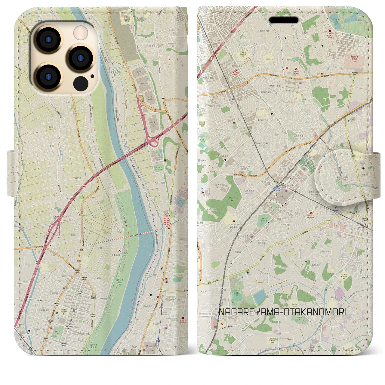 【流山おおたかの森】地図柄iPhoneケース（手帳両面タイプ・ナチュラル）iPhone 12 Pro Max 用